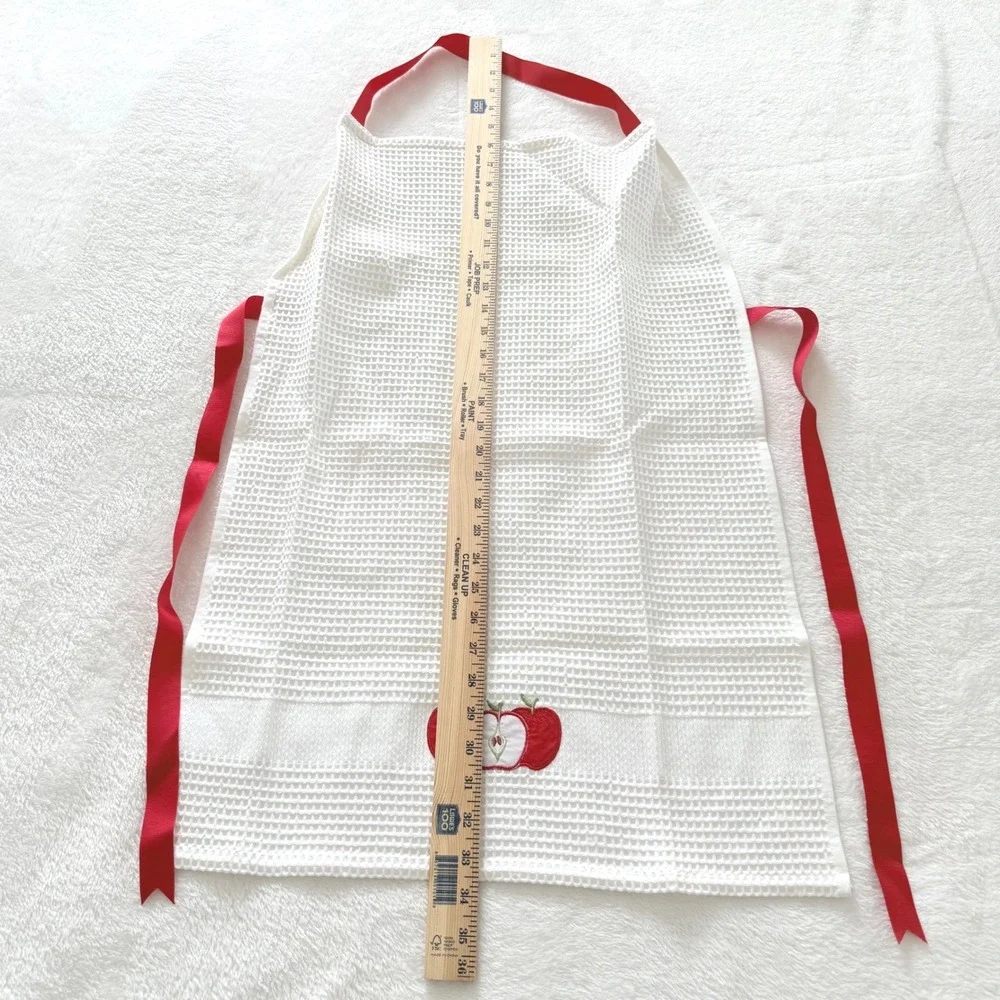 White Waffle Weave Bib‎ Apron Red Ties Embroidered Apple Fruit RN 75343 Turkey